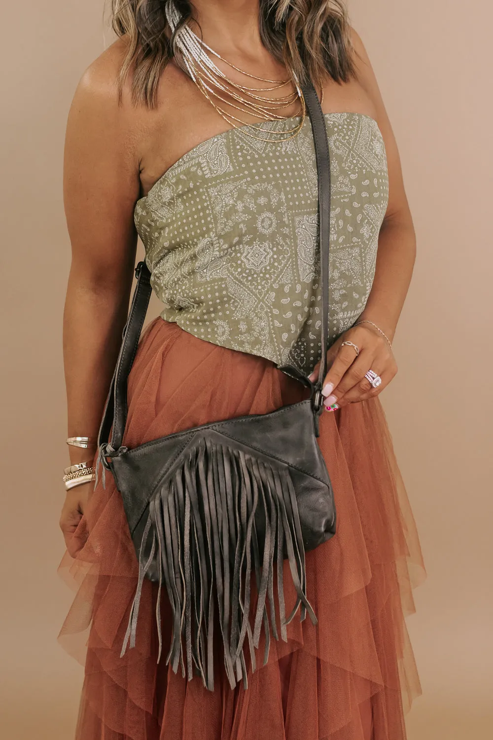 Boho Revival Fringe Crossbody , Grey/Taupe