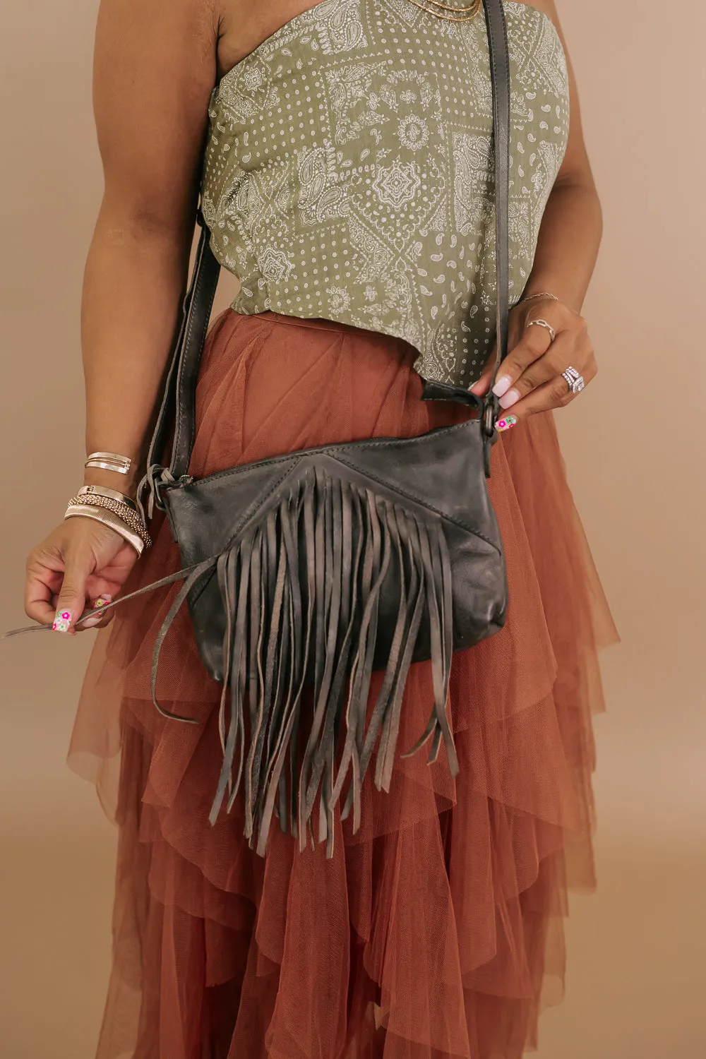 Boho Revival Fringe Crossbody , Grey/Taupe