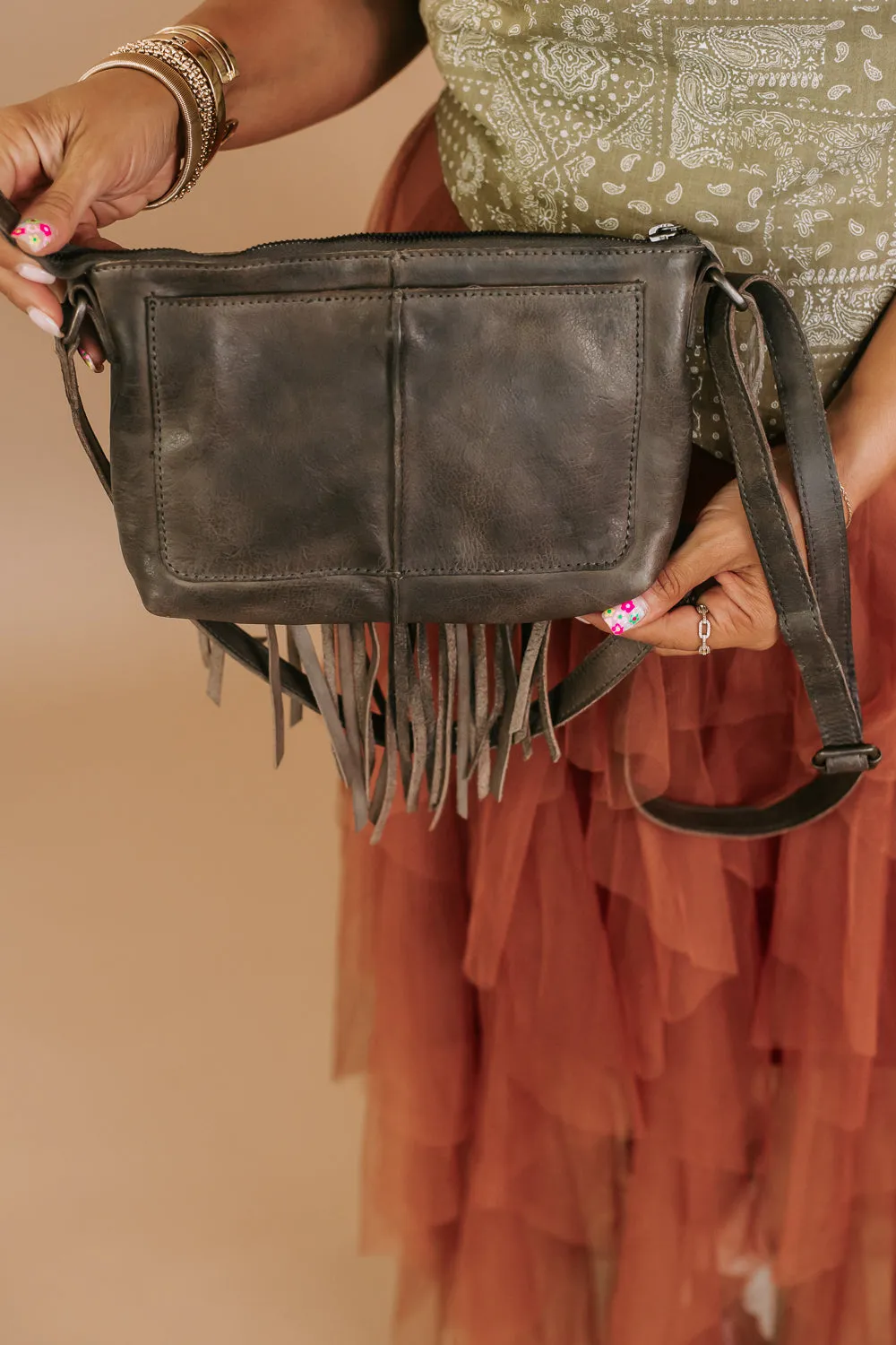 Boho Revival Fringe Crossbody , Grey/Taupe