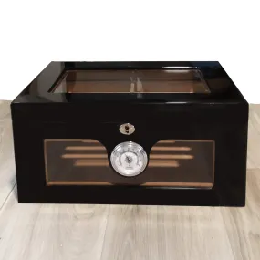 Cigar Humidor, Black Lacquer, Glass Top, Lock and Keys, Hygrometer, Shelf