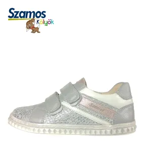 Designer Sneakers For Kids. Szamos kid girl sneakers in sparkling silver color and double velcro strap big kid size.