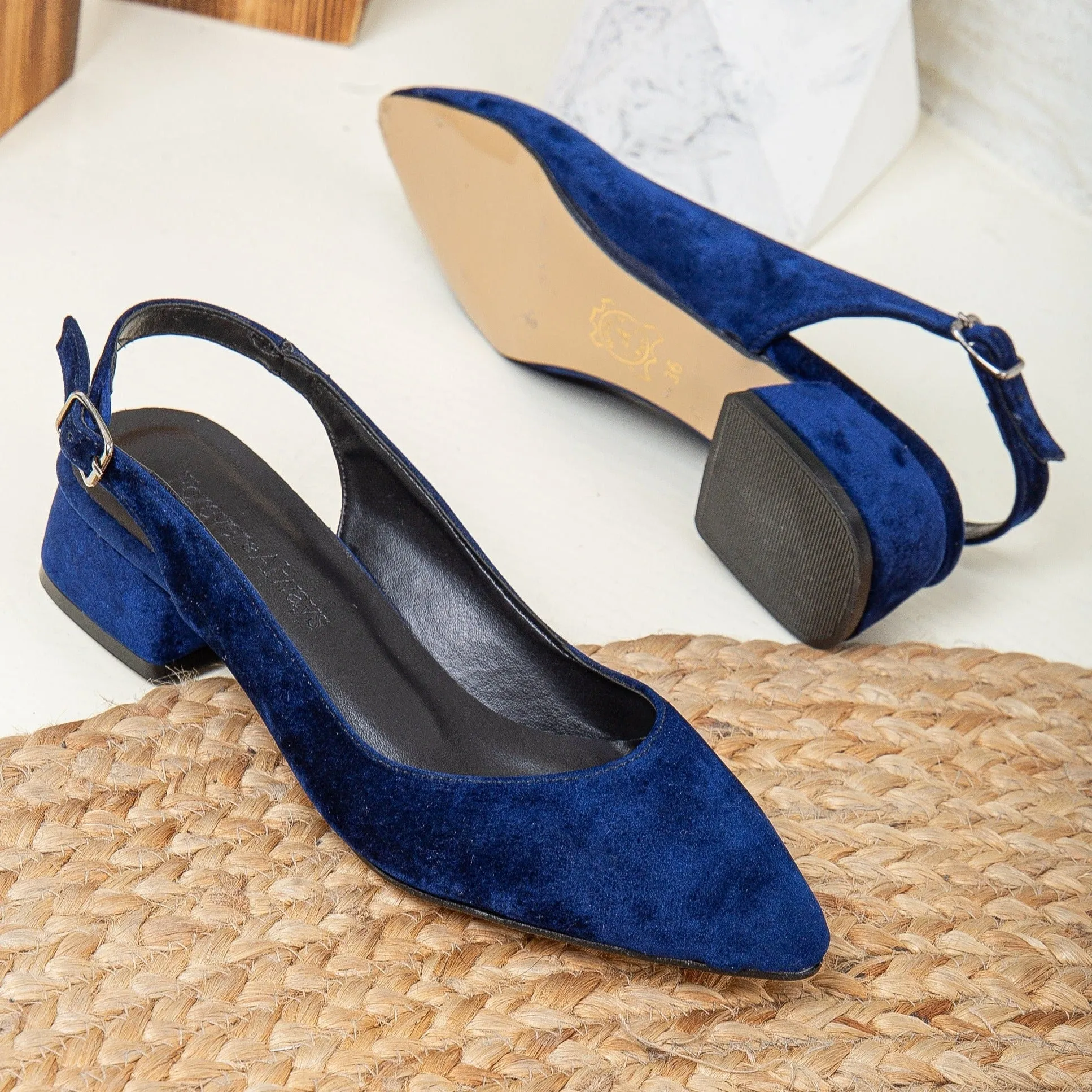 Emma - Blue Velvet Slingback Shoes