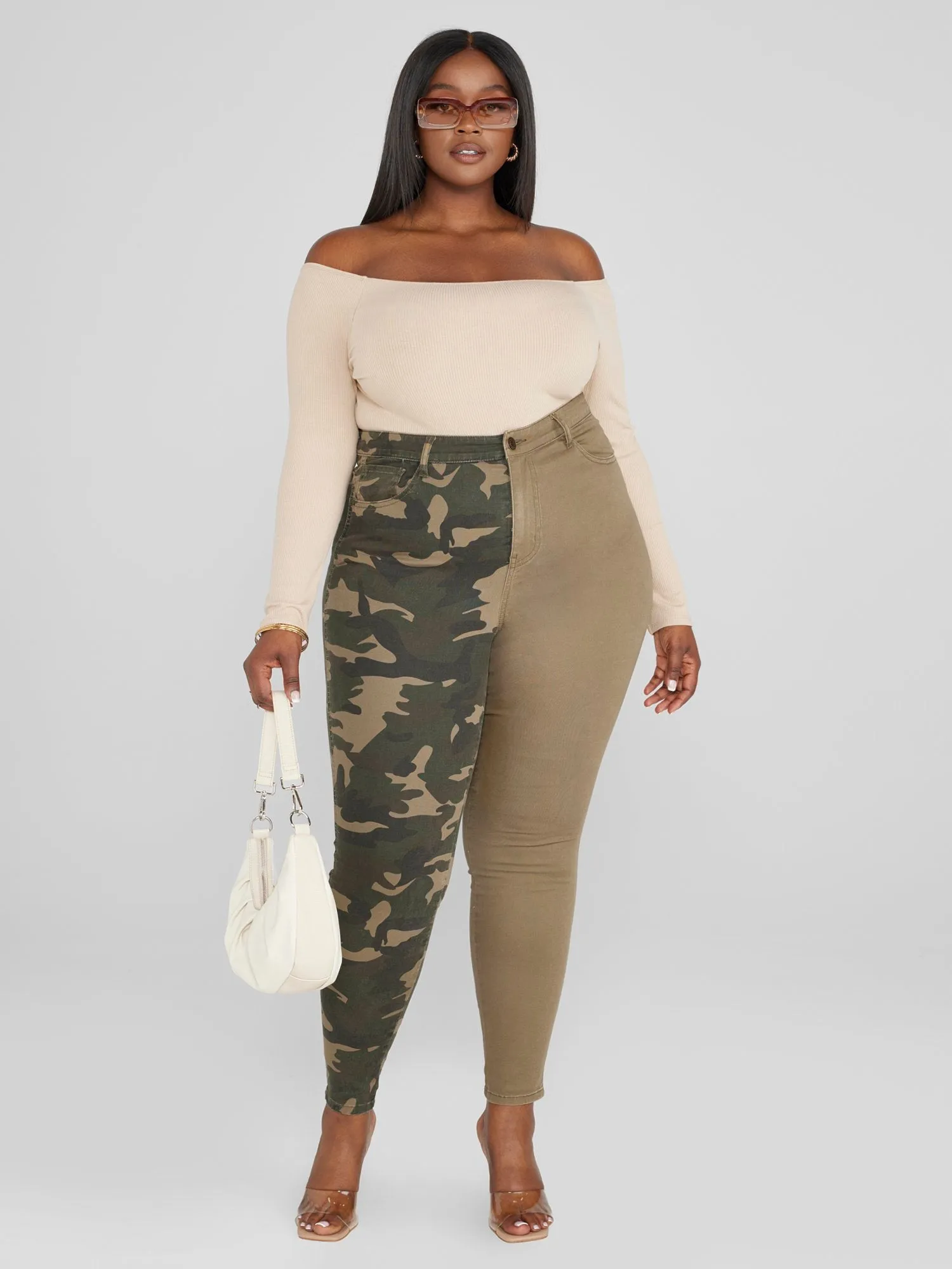 High Rise Two-Tone Camo Skinny Jeans