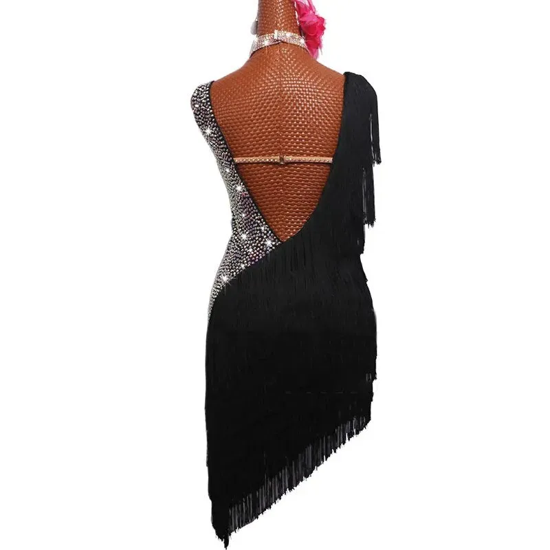 L539 Latin Rhinestone Dress- Black Fringe Dress -Competition- Salsa -Tango-Rhumba