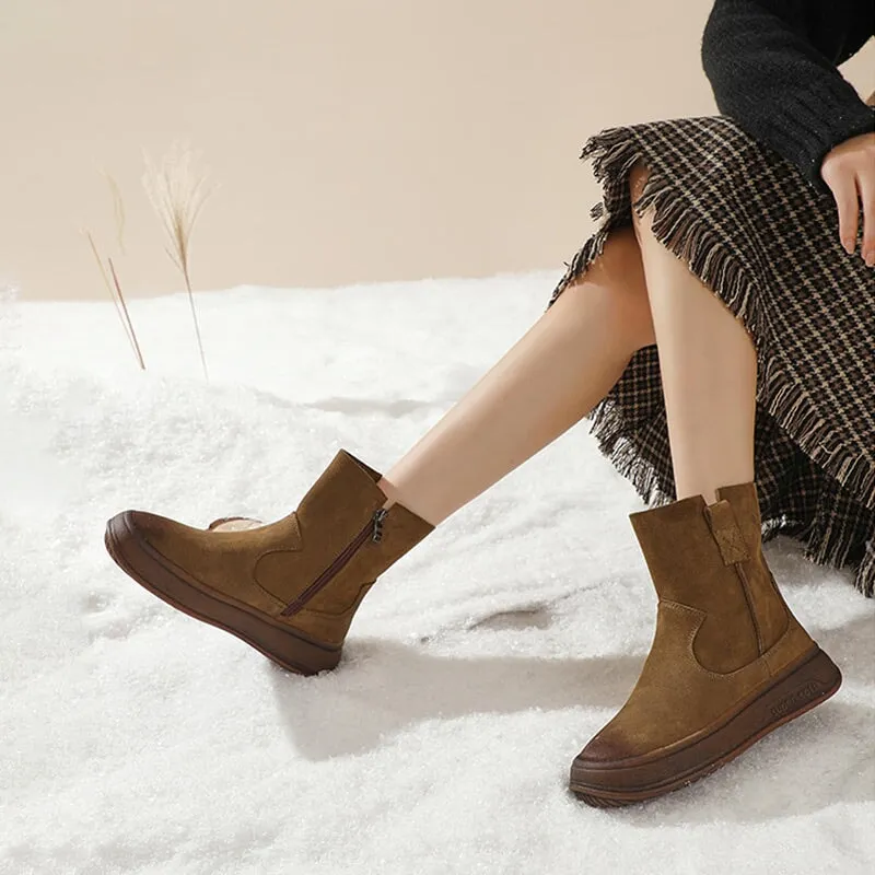 Retro Handmade Vintage Women's Leather Short Boots Round Toe Martin Boots With Zipper in Coffee/Green